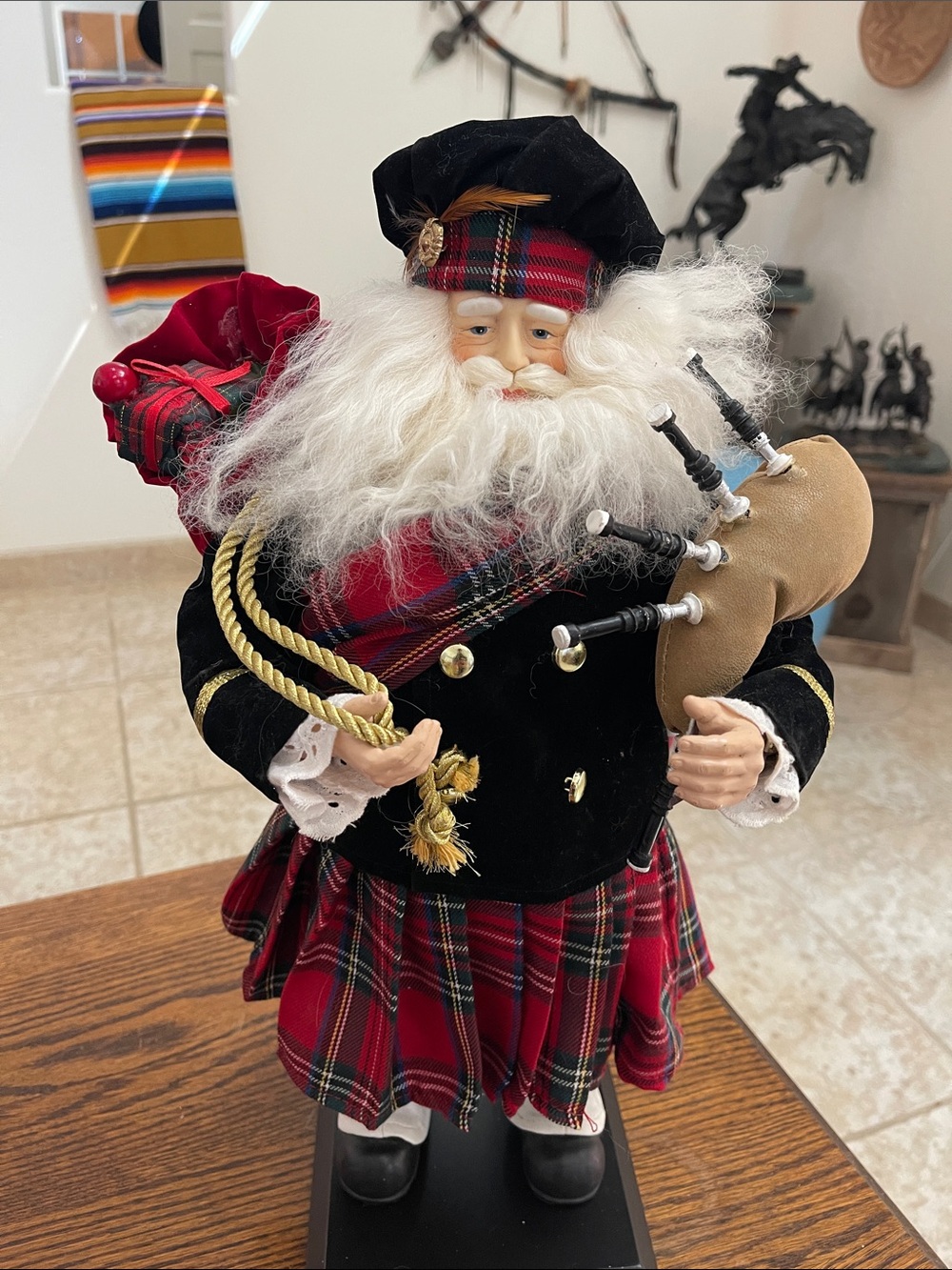 Scottish Santa Bagpiper Doll in Red Tartan and Black Velvet